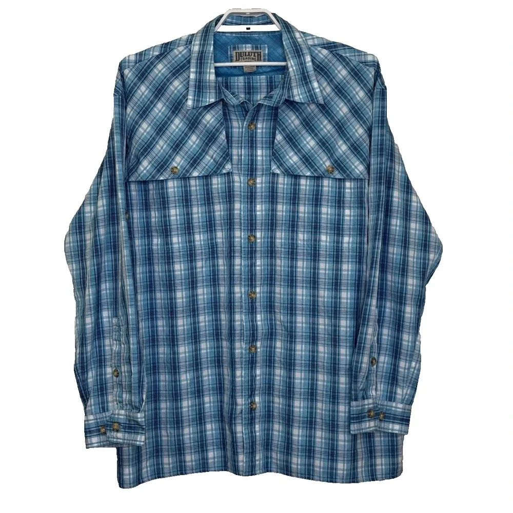 Duluth No FLyzone Fishing Shirt Mens Size 2XL Tall Blue Plaid Vented Long Sleeve